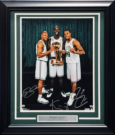 Paul Pierce, Kevin Garnett & Ray Allen Autographed Framed 16x20 Photo Boston Celtics Big 3 Beckett BAS QR Stock #209393