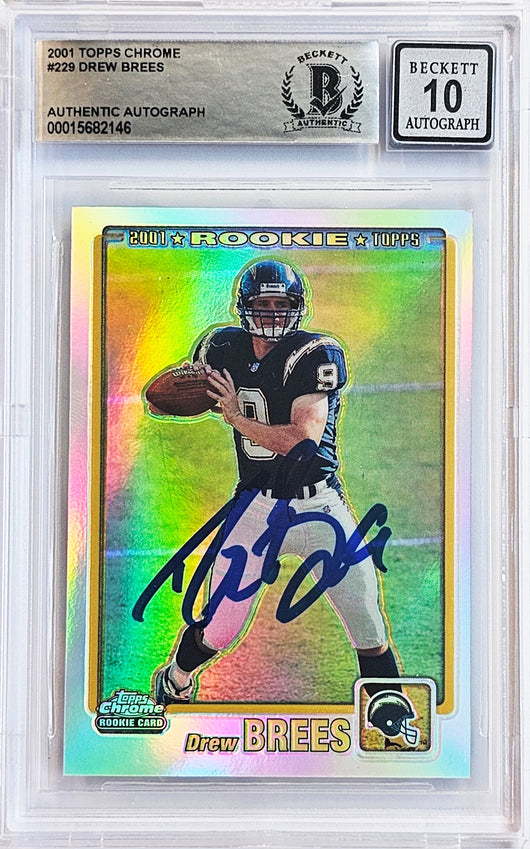 Drew Brees Autographed 2001 Topps Chrome Refractor Rookie Card #229 San Diego Chargers Auto Grade Gem Mint 10 #213/999 Beckett BAS #15682146