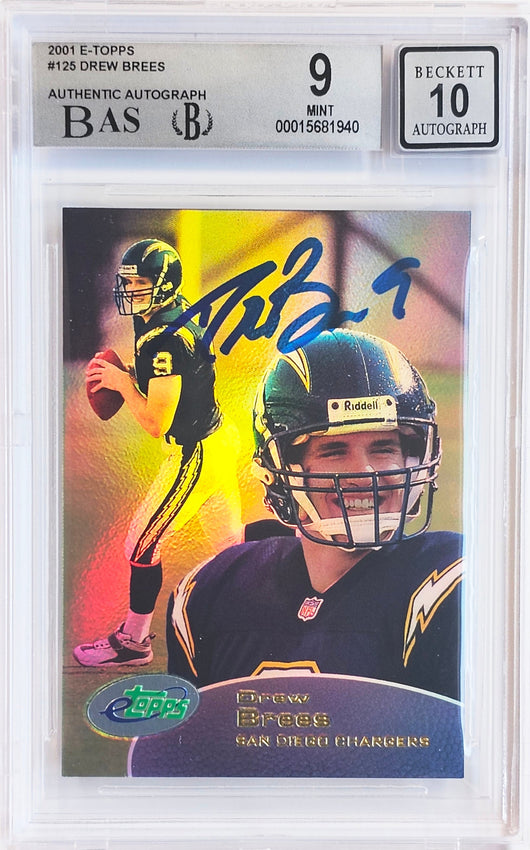 Drew Brees Autographed 2001 eTopps Rookie Card #125 San Diego Chargers BGS 9 Auto Grade Gem Mint 10 Beckett BAS #15681940