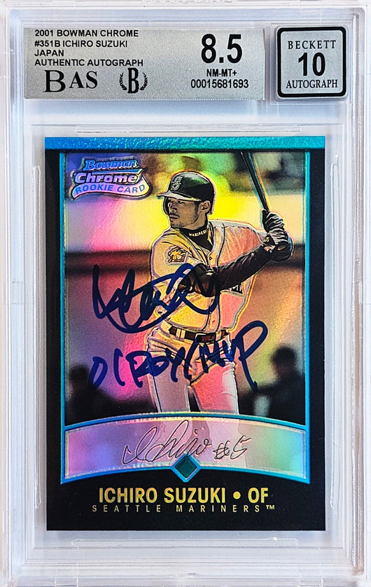 Ichiro Suzuki Autographed 2001 Bowman Chrome Refractor Japanese Rookie Card #351B Seattle Mariners BGS 8.5 Auto Grade Gem Mint 10 "01 ROY/MVP" Beckett BAS #15681693