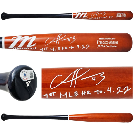 Francisco Alvarez Autographed Orange/Blue Marucci Pro Model Bat New York Mets "1st MLB HR 10-4-22" Beckett BAS Witness Stock #218049