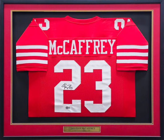 San Francisco 49ers Christian McCaffrey Autographed Framed Red Jersey Beckett BAS QR