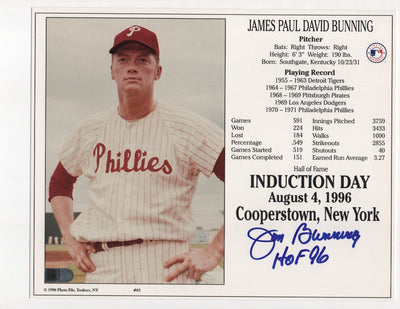 Jim Bunning Signed HOF 96 Inscription 8x10 Photo (AIV AA24009)