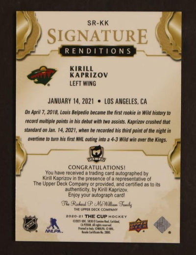 2020 Upper Deck The Cup #SR-KK Kirill Kaprizov Signature Renditions Auto RC