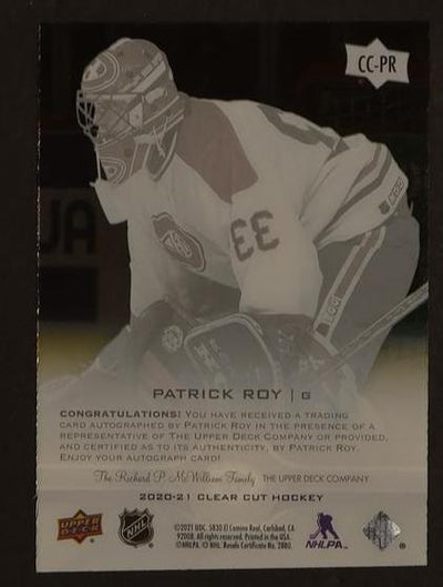 2020 Upper Deck Clear Cut Patrick Roy Auto #CC-PR