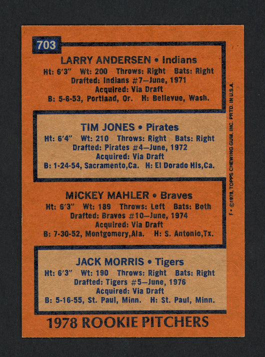 Jack Morris Autographed 1978 Topps Rookie Card #703 Detroit Tigers SKU #161604