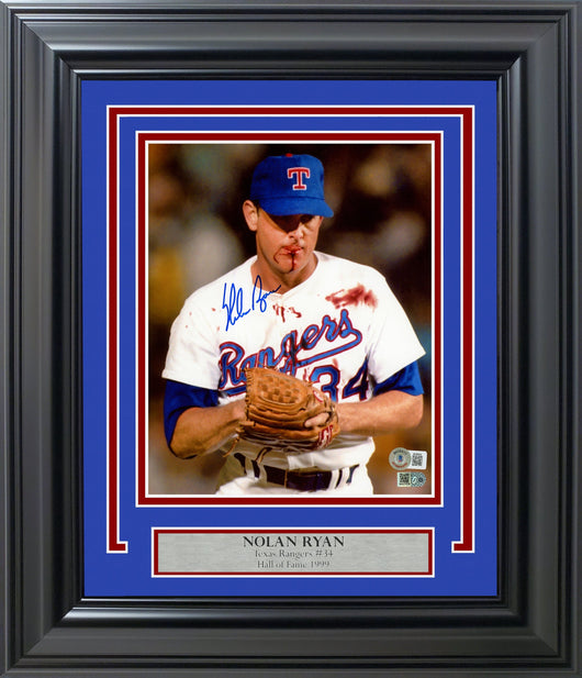 Nolan Ryan Autographed Framed 8x10 Photo Texas Rangers Bloody Beckett BAS QR