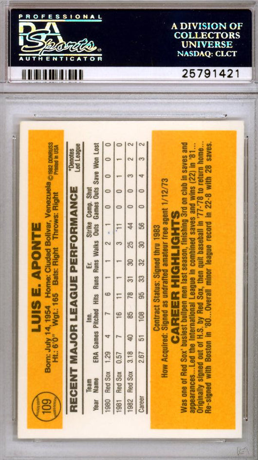 Luis Aponte Autographed 1983 Donruss Rookie Card #109 Boston Red Sox PSA/DNA #25791421