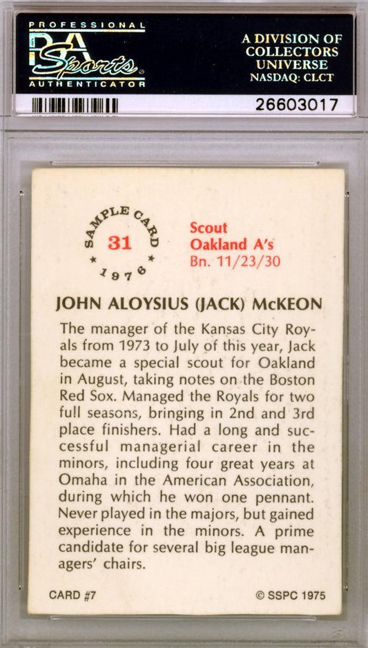Jack Mckeon Autographed 1975 SSPC Card #7 Kansas City Royals PSA/DNA #26603017
