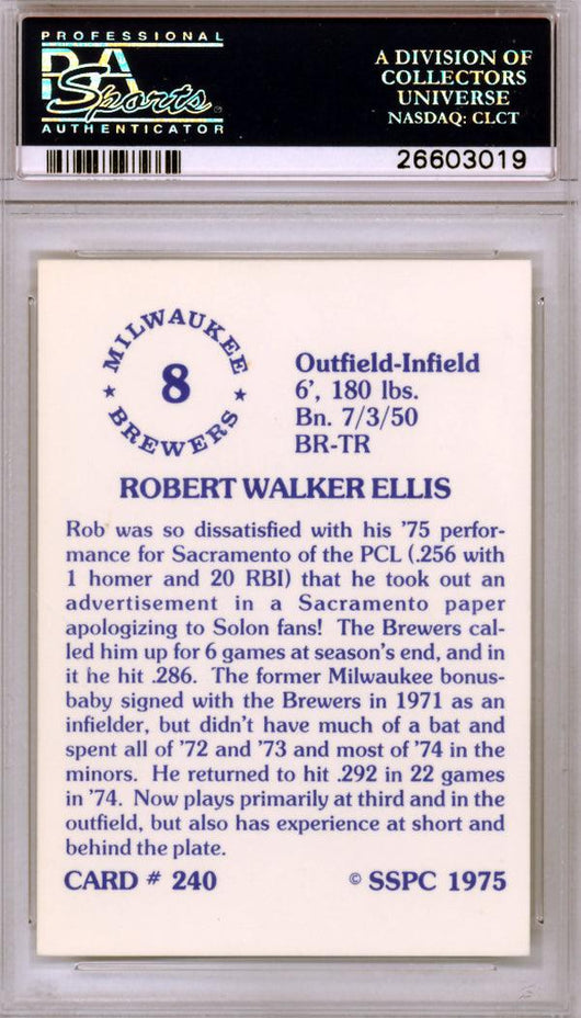 Rob Ellis Autographed 1975 SSPC Rookie Card #240 Milwaukee Brewers PSA/DNA #26603019