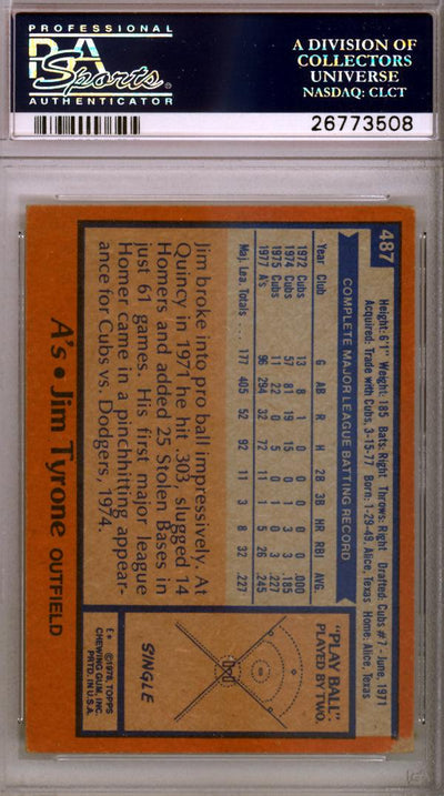 Jim Tyrone Autographed 1978 Topps Card #487 Oakland A's PSA/DNA #26773508