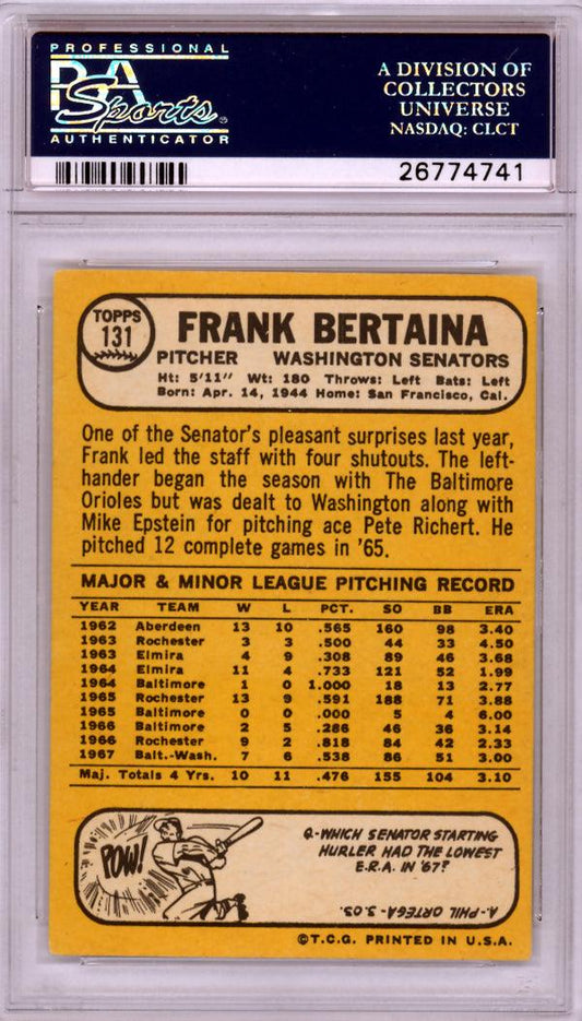 Frank Bertaina Autographed 1968 Topps Card #131 Washington Senators PSA/DNA #26774741