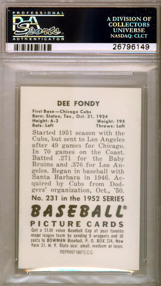 Dee Fondy Autographed 1987 1952 Bowman Reprint Card #231 Chicago Cubs PSA/DNA #26796149