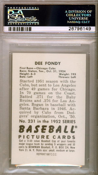 Dee Fondy Autographed 1987 1952 Bowman Reprint Card #231 Chicago Cubs PSA/DNA #26796149