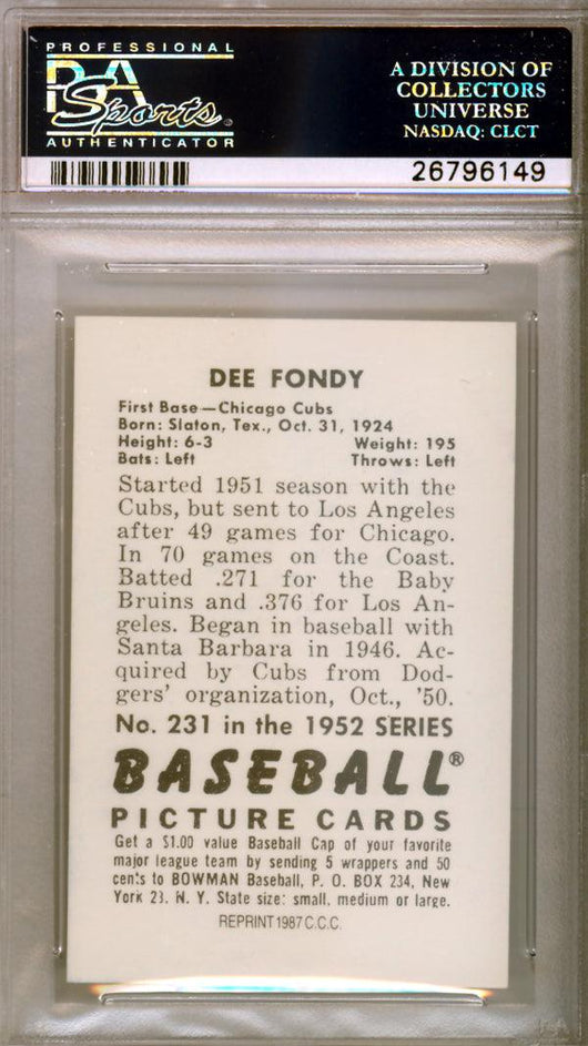 Dee Fondy Autographed 1987 1952 Bowman Reprint Card #231 Chicago Cubs PSA/DNA #26796149