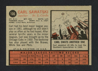 Carl Sawatski Autographed 1962 Topps Card #106 St. Louis Cardinals SKU #161875