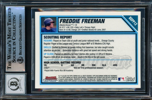 Freddie Freeman Autographed 2007 Bowman Chrome Draft Picks Rookie Card #BDPP12 Atlanta Braves Auto 10 Beckett BAS Witnessed Stock #202079