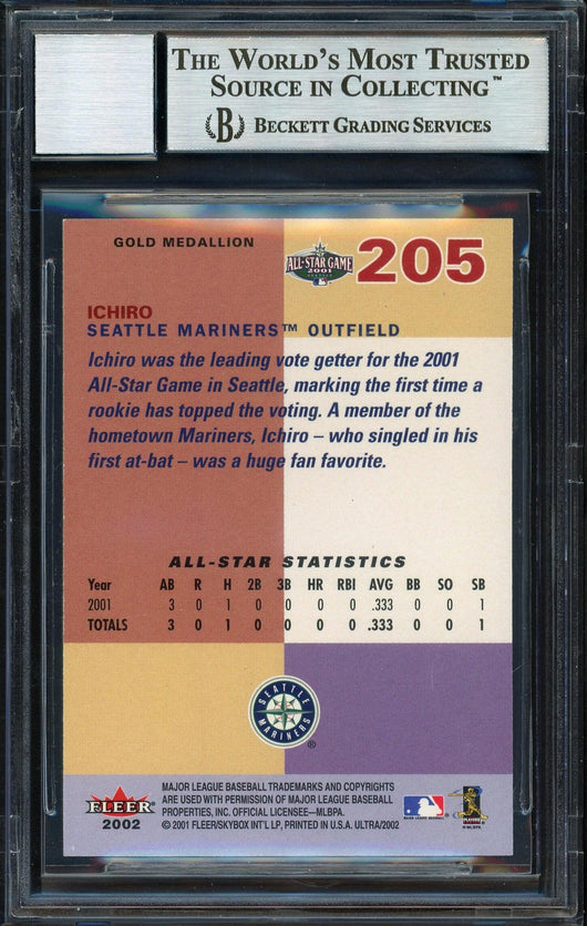Ichiro Suzuki Autographed 2002 Fleer Ultra Gold Medallion Card #205 Seattle Mariners Auto Grade 10 Beckett BAS #12669371
