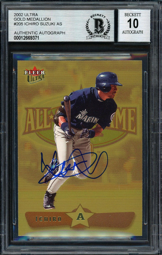 Ichiro Suzuki Autographed 2002 Fleer Ultra Gold Medallion Card #205 Seattle Mariners Auto Grade 10 Beckett BAS #12669371