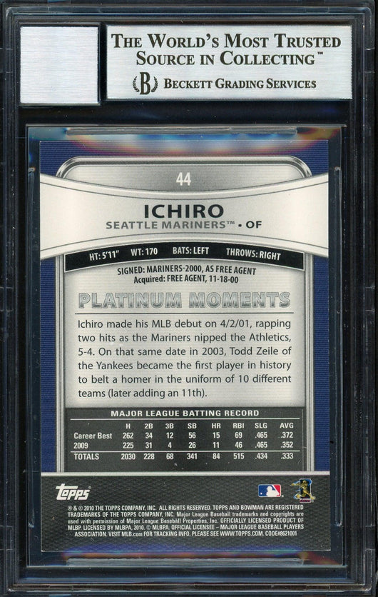 Ichiro Suzuki Autographed 2010 Bowman Platinum Card #44 Seattle Mariners Auto Grade 10 Beckett BAS #12669745