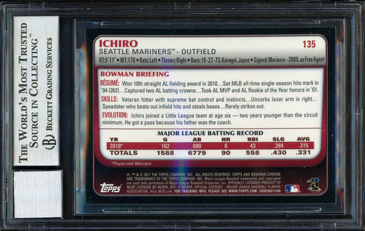Ichiro Suzuki Autographed 2011 Bowman Chrome Card #135 Seattle Mariners Auto Grade 10 Beckett BAS #12669862