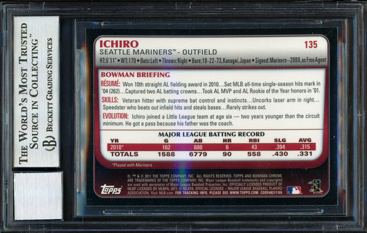 Ichiro Suzuki Autographed 2011 Bowman Chrome Card #135 Seattle Mariners Auto Grade 10 Beckett BAS #12669862