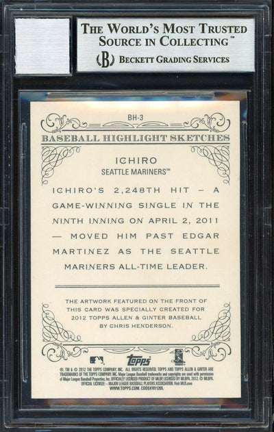 Ichiro Suzuki Autographed 2012 Topps Allen & Ginter Highlight Sketches Card #BH-3 Seattle Mariners Auto Grade 10 Beckett BAS #12669883
