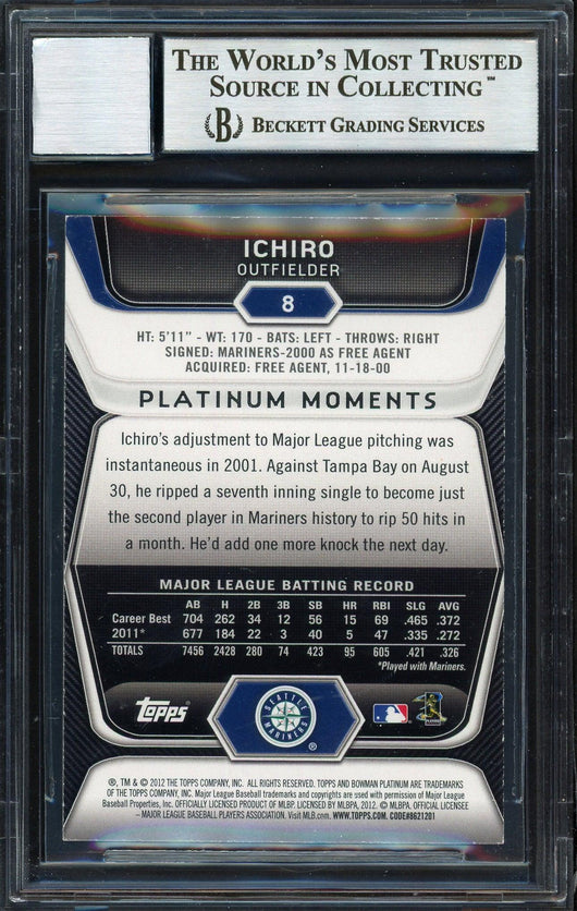 Ichiro Suzuki Autographed 2012 Bowman Platinum Card #8 Seattle Mariners Auto Grade 10 Beckett BAS Stock #189911