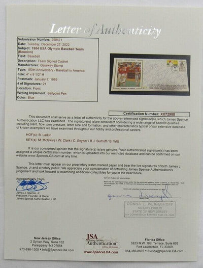 1984 USA Olympic Team Signed Cachet Envelope Barry Larkin Mark McGwire Will Clark +18 JSA XX72988