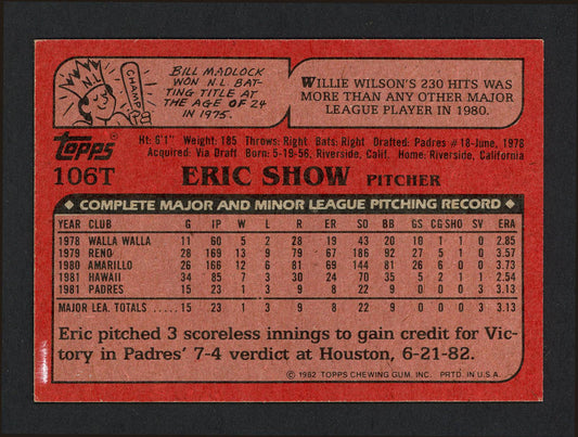 Eric Show Autographed 1982 Topps Traded Rookie Card #106T San Diego Padres SKU #164151