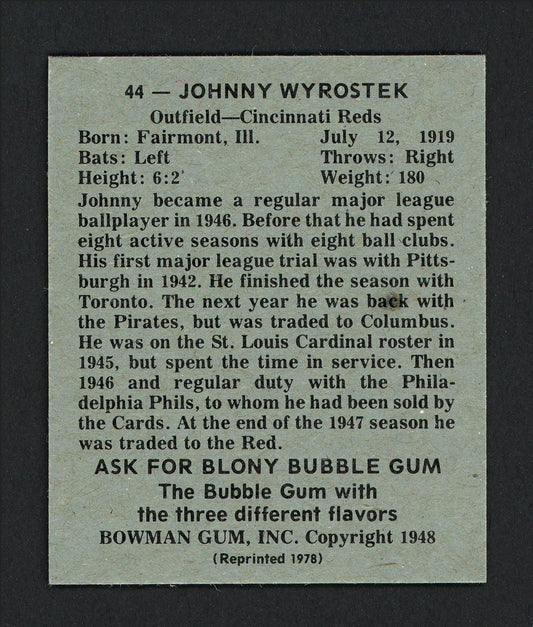 Johnny Wyrostek Autographed 1978 Bowman 1948 Bowman Reprint Card #44 Cincinnati Reds SKU #165733
