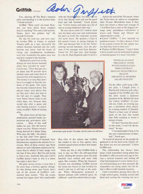 Calvin Griffith Autographed Magazine Page Photo Washington Senators PSA/DNA #S39061