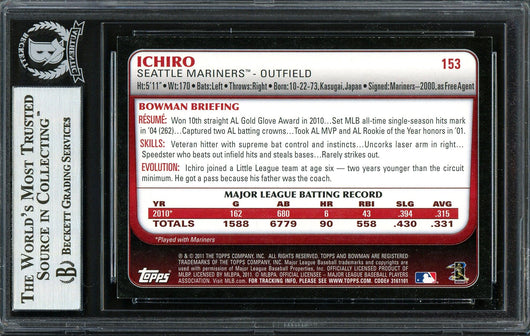 Ichiro Suzuki Autographed 2011 Bowman Card #153 Seattle Mariners Beckett BAS Stock #191330
