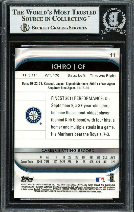 Ichiro Suzuki Autographed 2012 Topps Finest Card #11 Seattle Mariners Beckett BAS Stock #191344