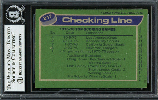 Bob Gainey, Doug Jarvis & Jim Roberts Autographed 1976-77 Topps Card #217 Montreal Canadiens Beckett BAS #12666691