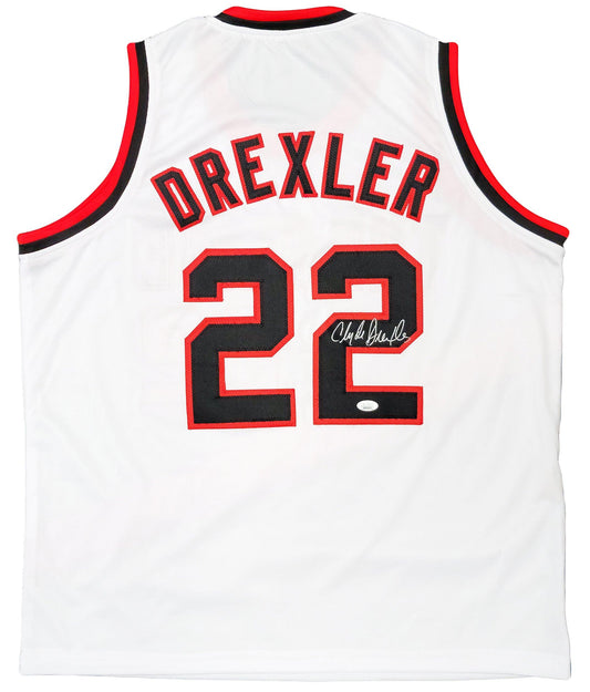 Portland Trailblazers Clyde Drexler Autographed White Jersey The Glide JSA Stock #202349