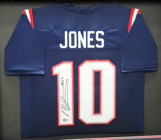 New England Patriots Mac Jones Autographed Framed Blue Jersey Beckett BAS QR Stock #202403