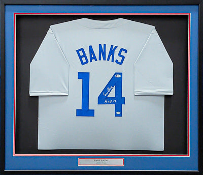 Chicago Cubs Ernie Banks Autographed Framed Gray Jersey "HOF 77" Beckett BAS Stock #202410