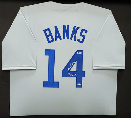 Chicago Cubs Ernie Banks Autographed Framed Gray Jersey "HOF 77" Beckett BAS Stock #202410