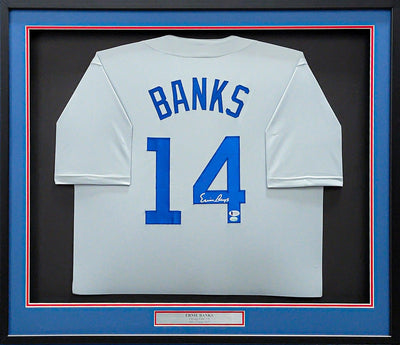 Chicago Cubs Ernie Banks Autographed Framed Gray Jersey Beckett BAS Stock #202411