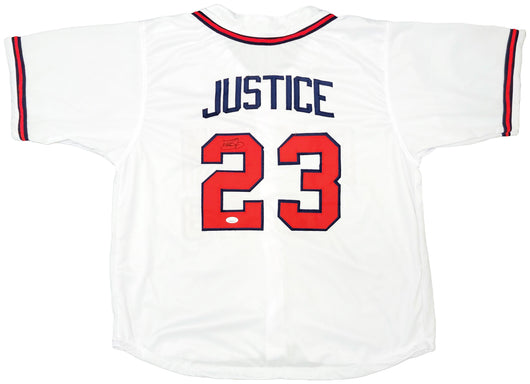 Atlanta Braves Dave Justice Autographed White Jersey A-Town JSA Stock #202343