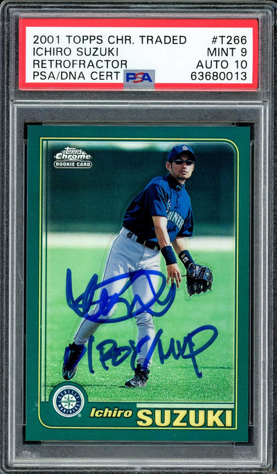 Ichiro Suzuki Autographed 2001 Topps Chrome Traded Retrofractor Rookie Card #T266 Seattle Mariners PSA 9 Auto Grade Gem Mint 10 "01 ROY MVP" PSA/DNA #63680013