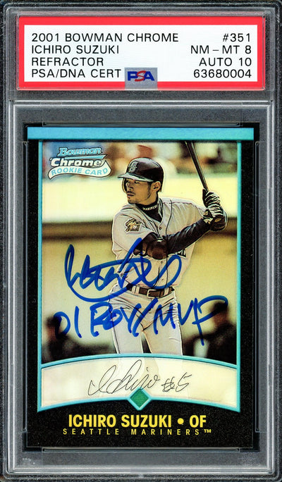 Ichiro Suzuki Autographed 2001 Bowman Chrome Refractor Rookie Card #351 Seattle Mariners PSA 8 Auto Grade Gem Mint 10 "01 ROY MVP" PSA/DNA #63680004