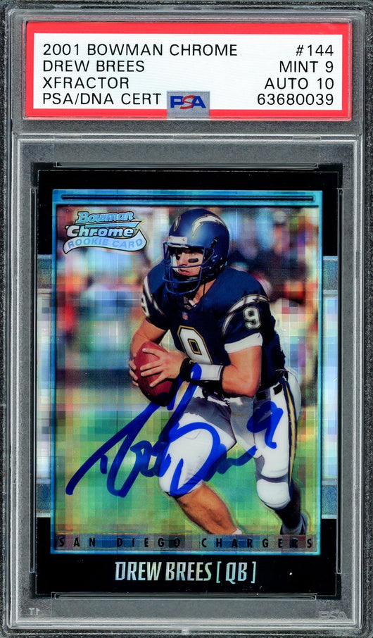 Drew Brees Autographed 2001 Bowman Chrome XFractor Rookie Card #144 New Orleans Saints PSA 9 Auto Grade Gem Mint 10 Highest Graded PSA/DNA #63680039