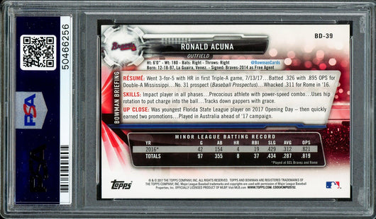 Ronald Acuna Jr. Autographed 2017 Bowman Draft Rookie Card #BD39 Atlanta Braves PSA 9 Auto Grade Gem Mint 10 PSA/DNA #50466256