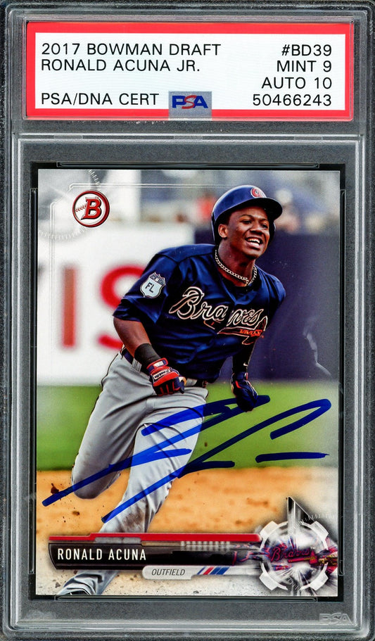 Ronald Acuna Jr. Autographed 2017 Bowman Draft Rookie Card #BD39 Atlanta Braves PSA 9 Auto Grade Gem Mint 10 PSA/DNA #50466243