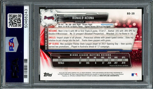 Ronald Acuna Jr. Autographed 2017 Bowman Draft Rookie Card #BD39 Atlanta Braves PSA 9 Auto Grade Gem Mint 10 PSA/DNA #50466243