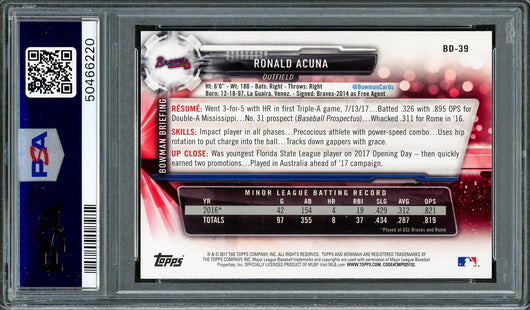 Ronald Acuna Jr. Autographed 2017 Bowman Draft Rookie Card #BD39 Atlanta Braves PSA 9 Auto Grade Mint 9 PSA/DNA #50466220