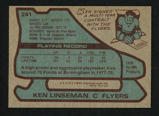 Ken Linseman Autographed 1979-80 Topps Rookie Card #241 Philadelphia Flyers SKU #154357