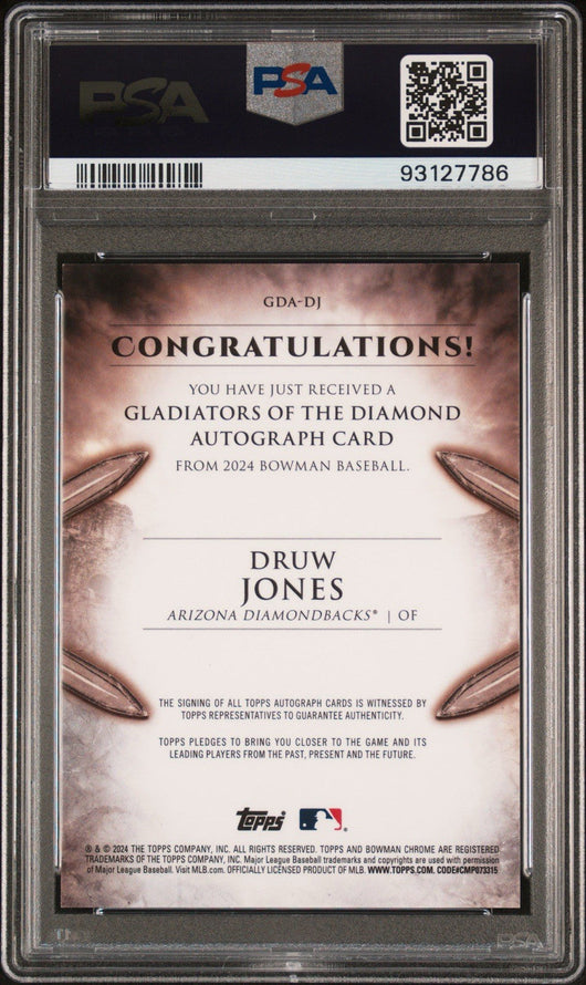 2024 Bowman Druw Jones #GDA-DJ SuperFractor 1/1 Parallel Rookie Chase PSA